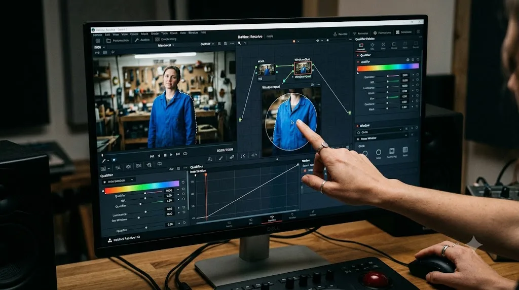 Illustration of a color qualifier and a Power Window intersecting to form a final selection in DaVinci Resolve