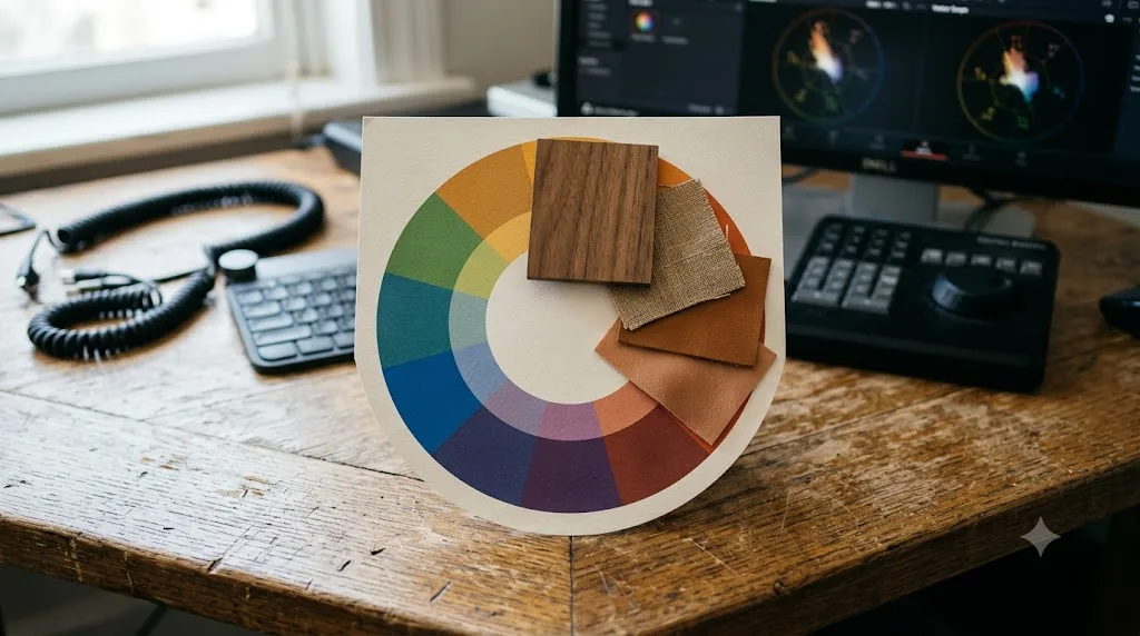 Illustration of skin tone hue overlapping with wood and tan fabric on a color wheel