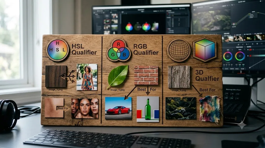 Illustration comparing HSL Qualifier, RGB Qualifier, and 3D Qualifier use cases in DaVinci Resolve