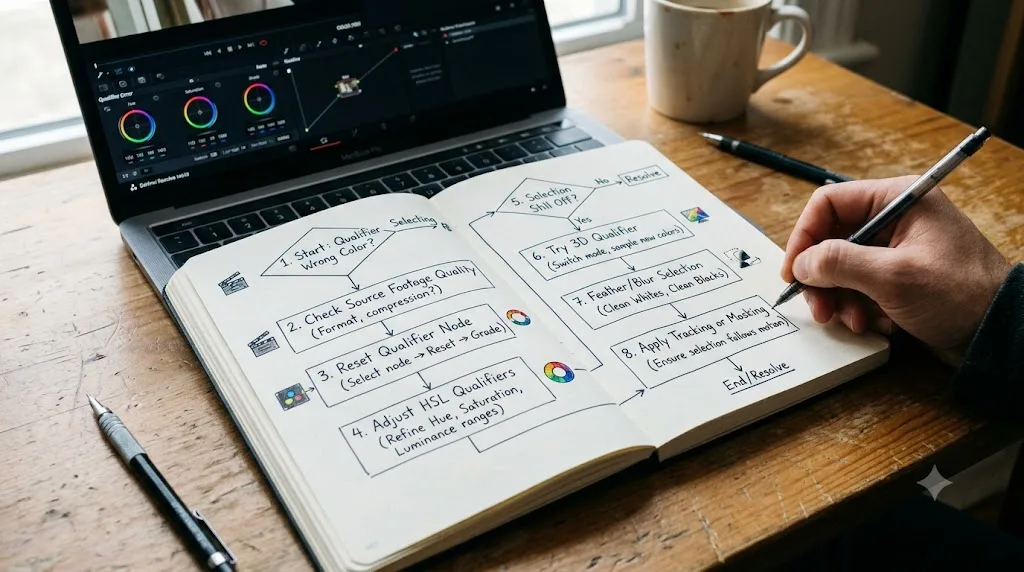 Illustration of a numbered flowchart for troubleshooting a broken color qualifier selection in DaVinci Resolve