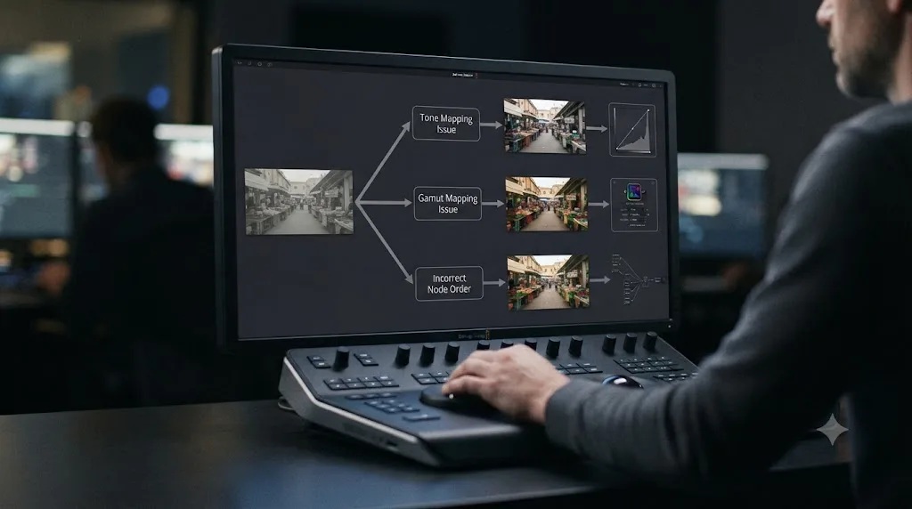 Illustration of a diagnostic flowchart splitting a desaturated DaVinci Resolve image into Tone Mapping, Gamut Mapping, and node order causes