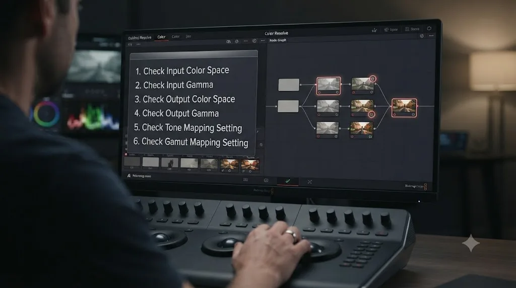 Illustration of a numbered troubleshooting checklist for DaVinci Resolve CST desaturation beside a node graph with bypass toggles highlighted