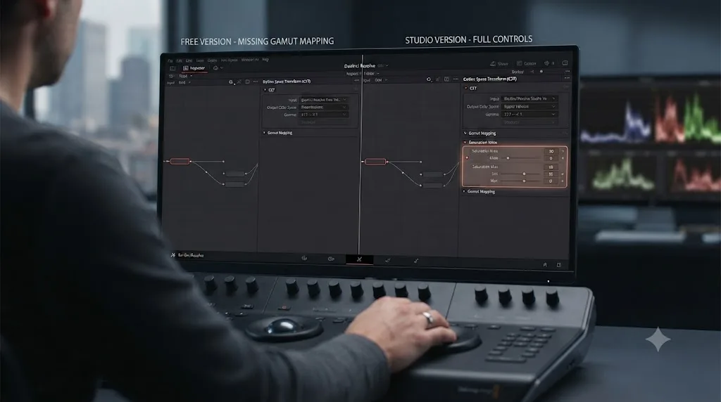 Illustration comparing the DaVinci Resolve free version CST panel without Gamut Mapping against the Studio version with Saturation Knee and Saturation Max controls