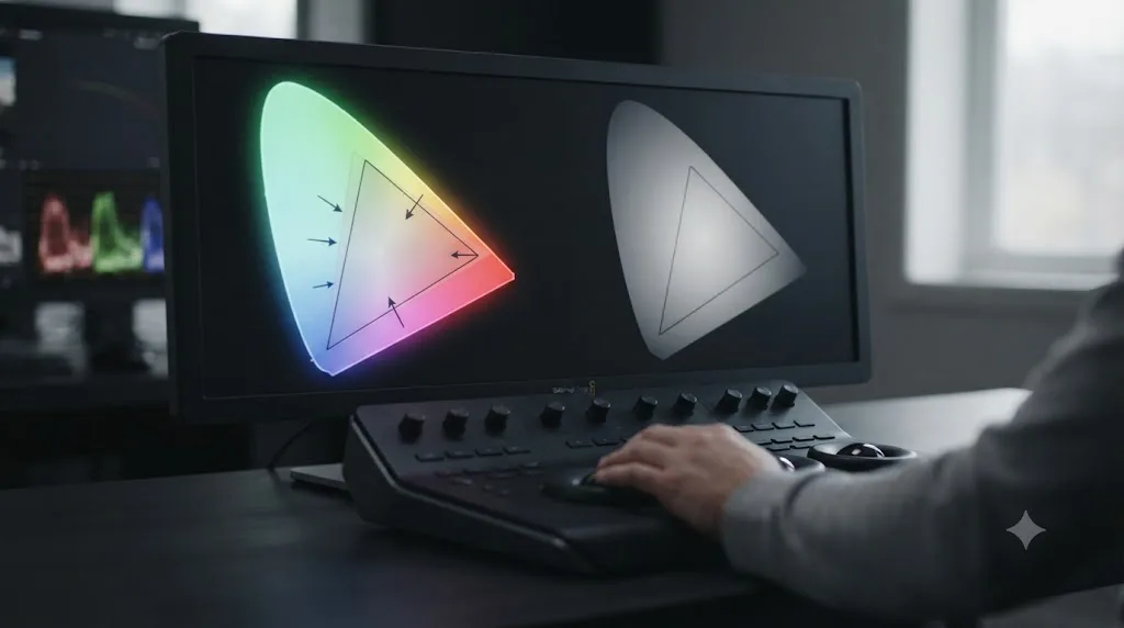 Illustration of a wide color gamut triangle compressing into a narrower Rec.709 triangle with saturation pulling toward the center