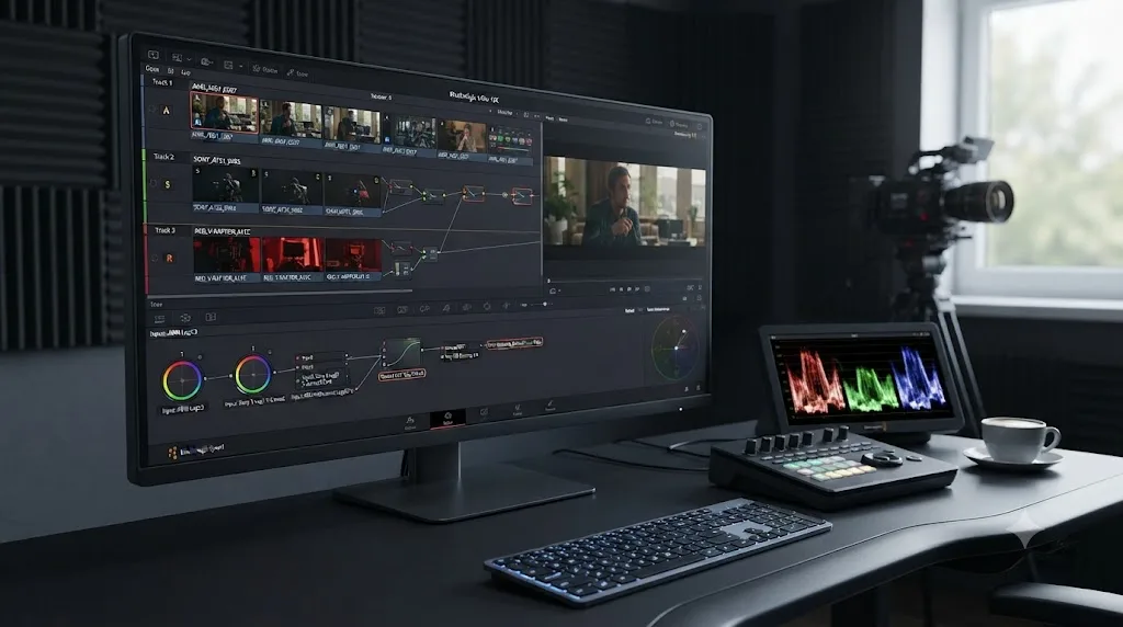 Illustration of a multi-camera DaVinci Resolve timeline with each camera tagged with its correct Input Color Space before a shared Color Space Transform