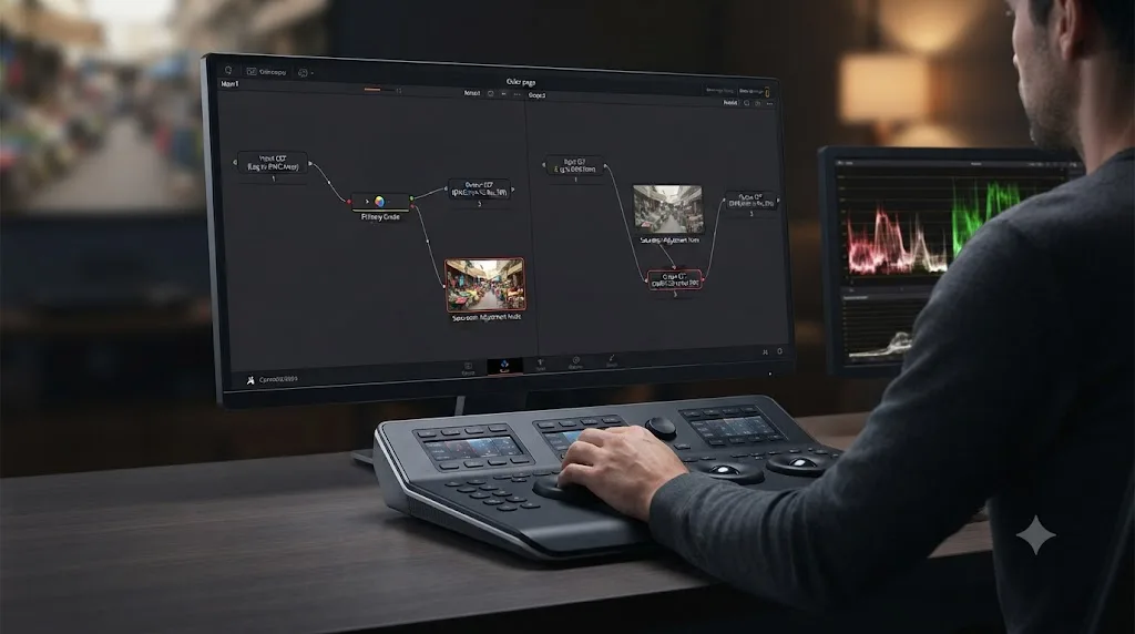 Illustration comparing a saturation node placed correctly after an output CST versus incorrectly between input and output CST in DaVinci Resolve