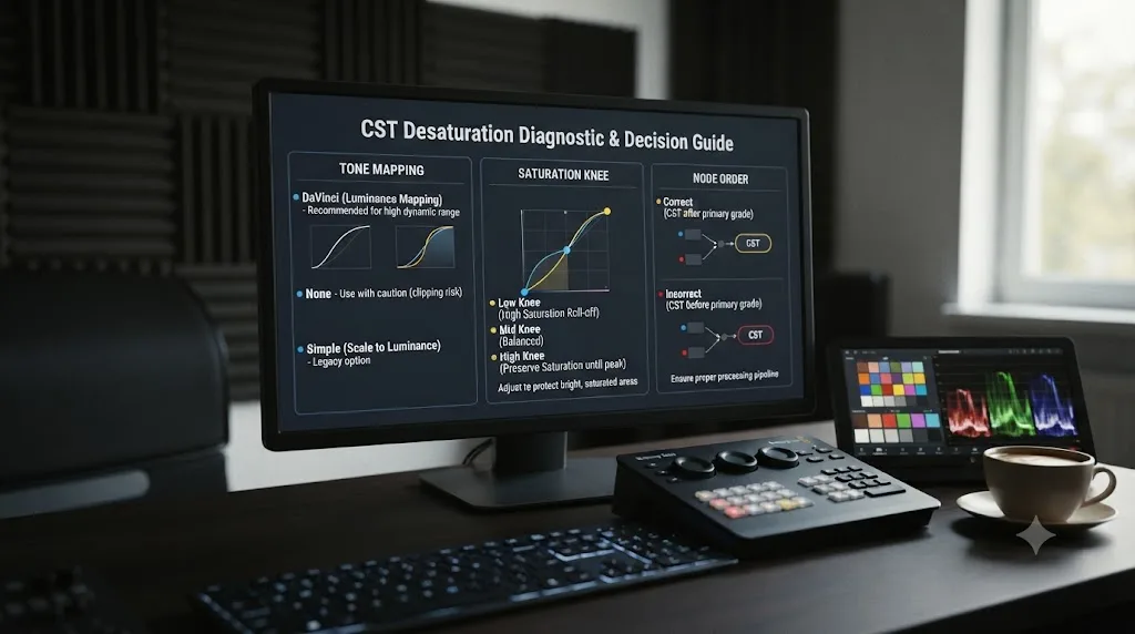 Illustration of a quick reference settings panel highlighting Tone Mapping, Saturation Knee, and node order for diagnosing DaVinci Resolve CST desaturation