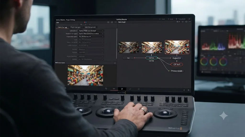 Illustration comparing DaVinci Resolve's Resolve Color Management project settings panel against a manual CST node pipeline
