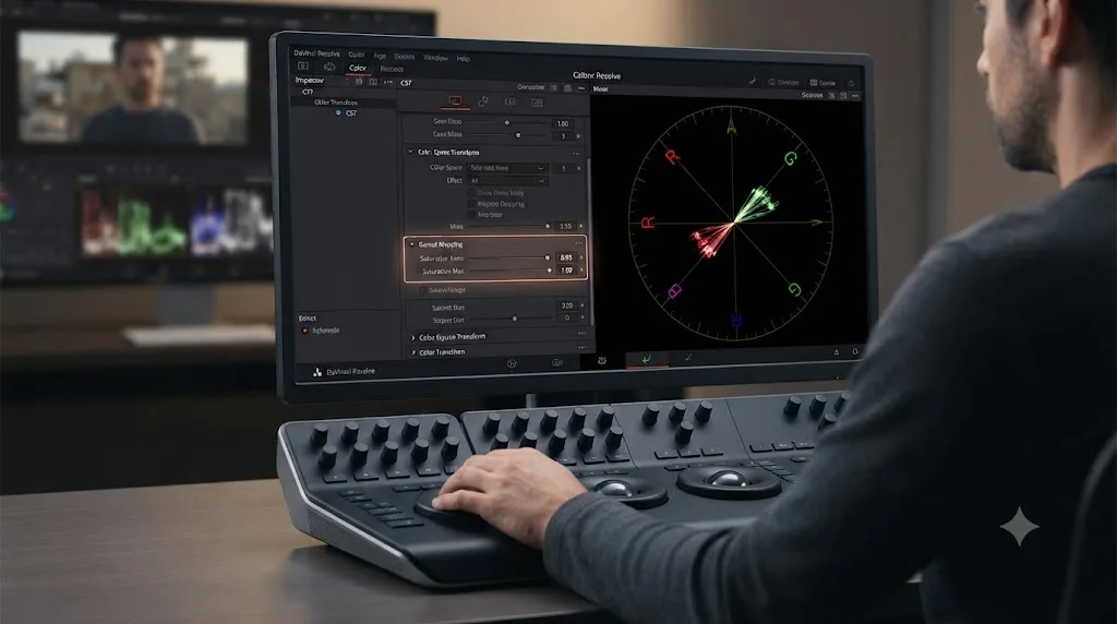 Illustration of the DaVinci Resolve Gamut Mapping panel with Saturation Knee and Saturation Max sliders next to a compressed vectorscope trace