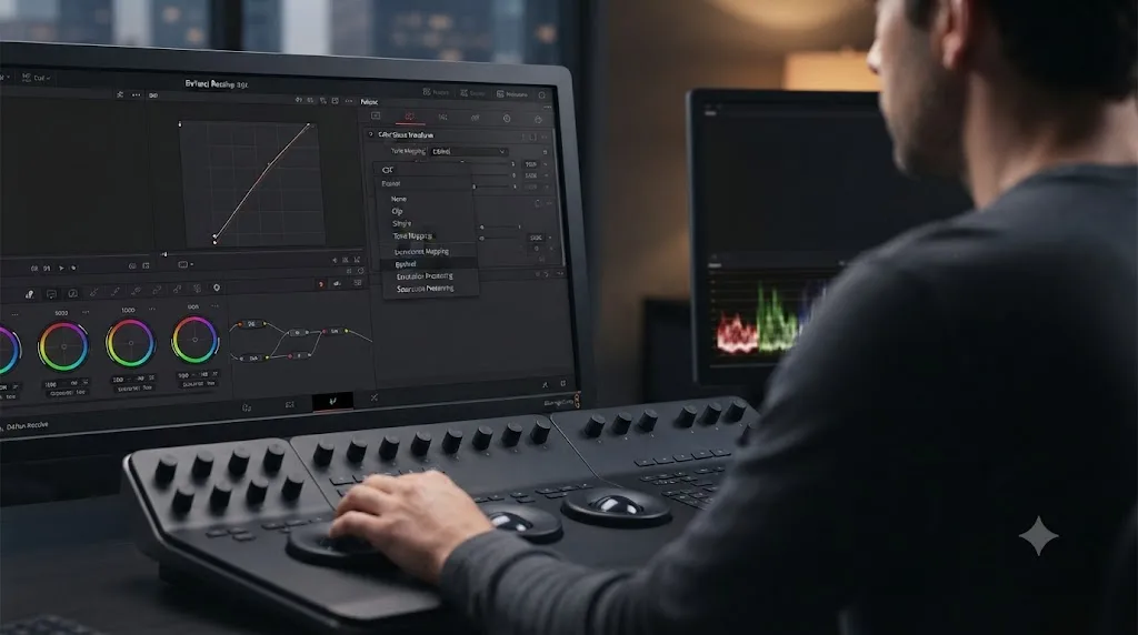 Illustration of the DaVinci Resolve Tone Mapping dropdown listing None, Clip, Simple, Luminance Mapping, DaVinci, and Saturation Preserving options
