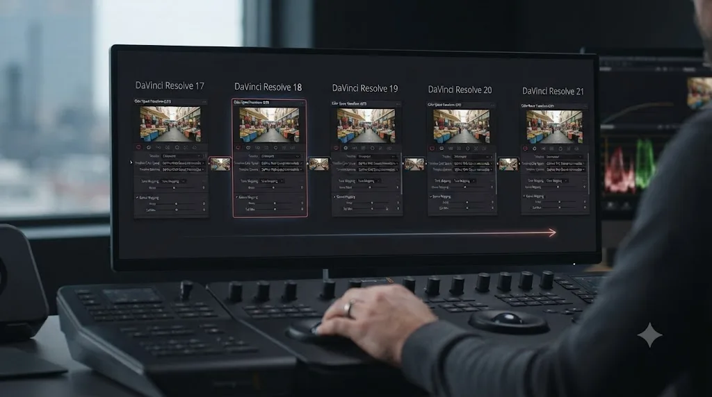 Illustration of a DaVinci Resolve version timeline from 17 through 21 showing consistent Tone Mapping and Gamut Mapping CST controls