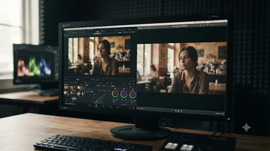Illustration comparing a DaVinci Resolve Color page viewer against the same clip played back in QuickTime Player after export