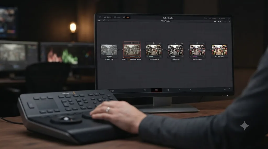 Illustration of a DaVinci Resolve node chain showing flat log footage passing through an input CST into DaVinci Wide Gamut Intermediate before grading