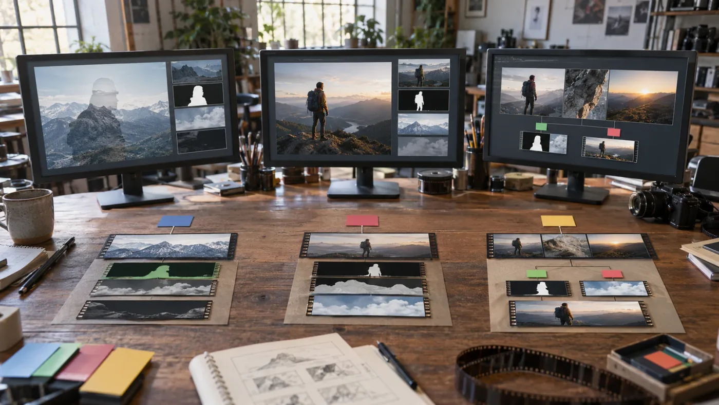 Illustration of three DaVinci Resolve Fusion and timeline container workflows