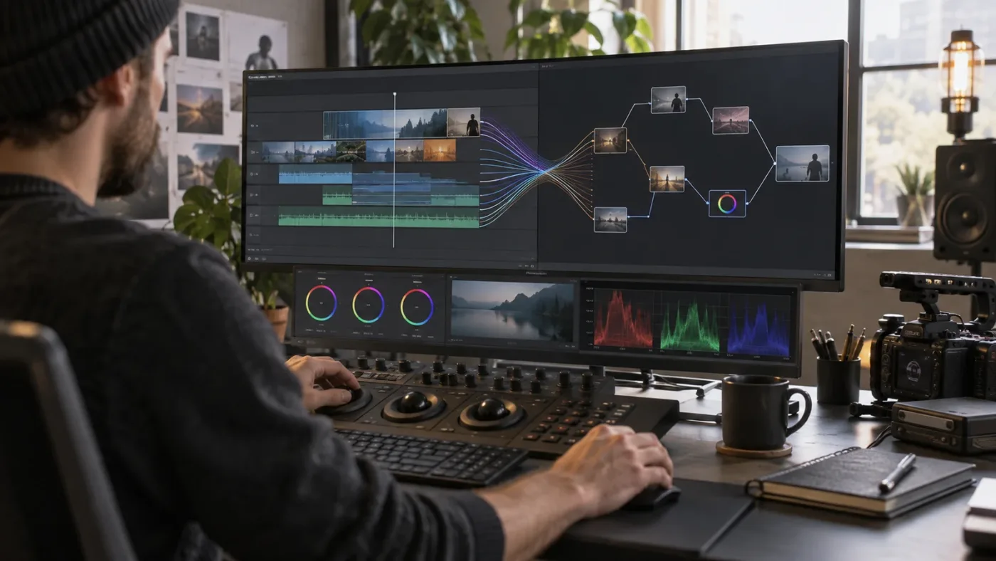 Illustration of the New Fusion Clip workflow from a DaVinci Resolve timeline into Fusion nodes