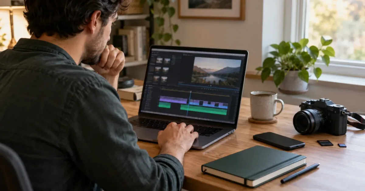 Illustration of a video editor learning DaVinci Resolve through a small project instead of a long tutorial
