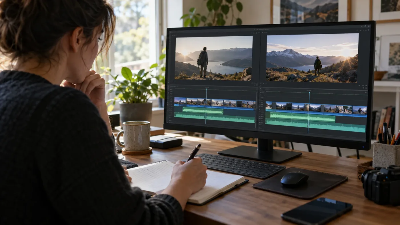 Illustration of a beginner comparing two DaVinci Resolve edits to learn from a small change