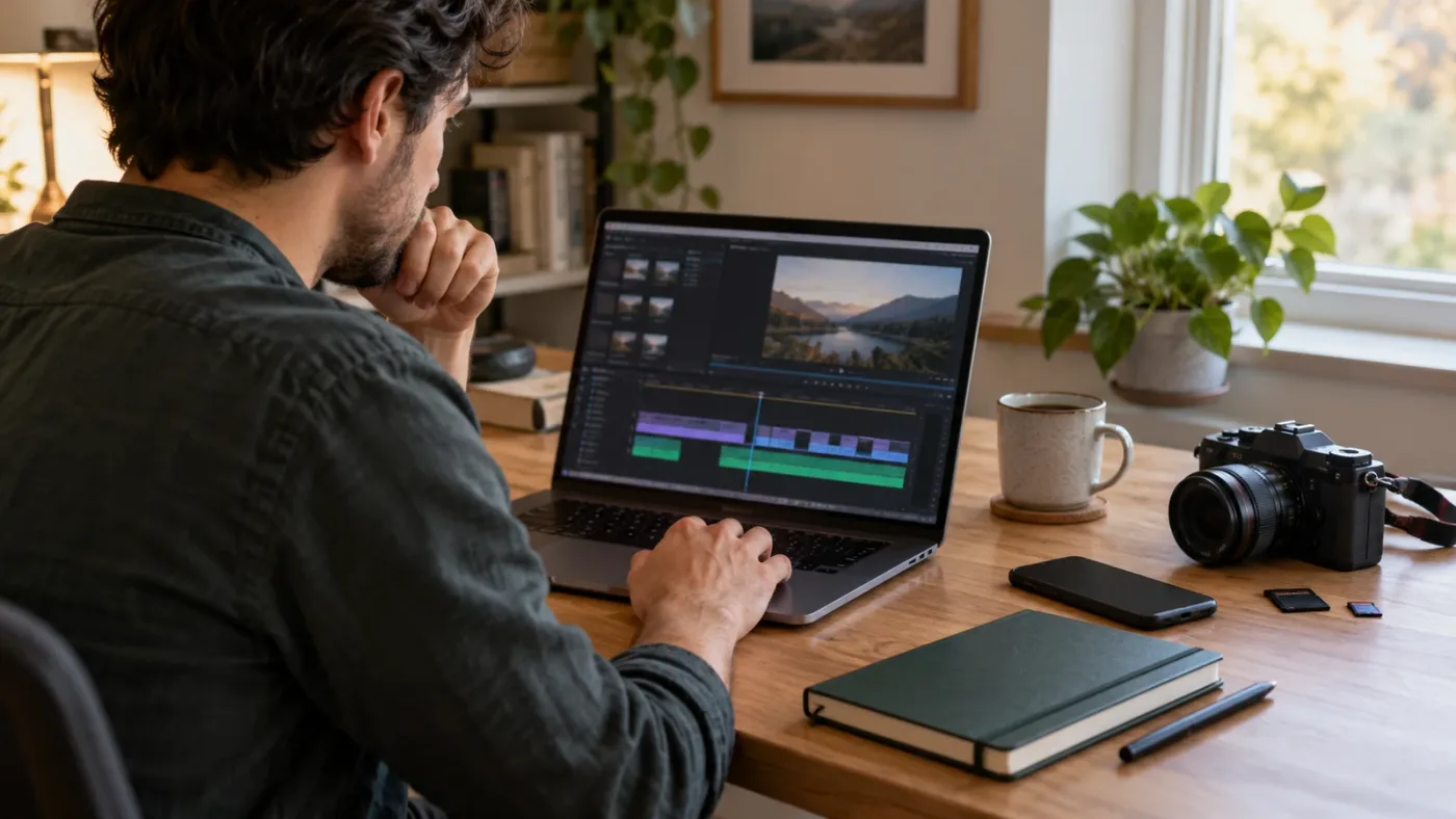 Illustration of a learner choosing a small DaVinci Resolve project over a long tutorial playlist
