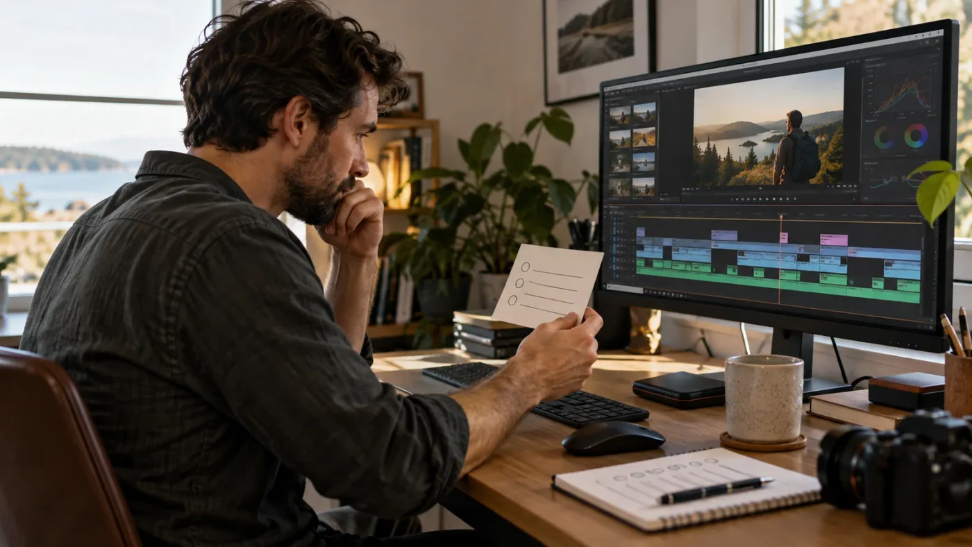 Illustration of a learner breaking a DaVinci Resolve lesson into short practice checkpoints