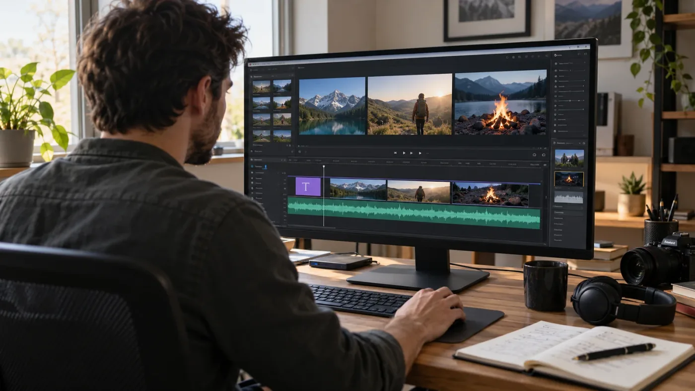 Illustration of a beginner practicing a short DaVinci Resolve edit with a few clips and one title