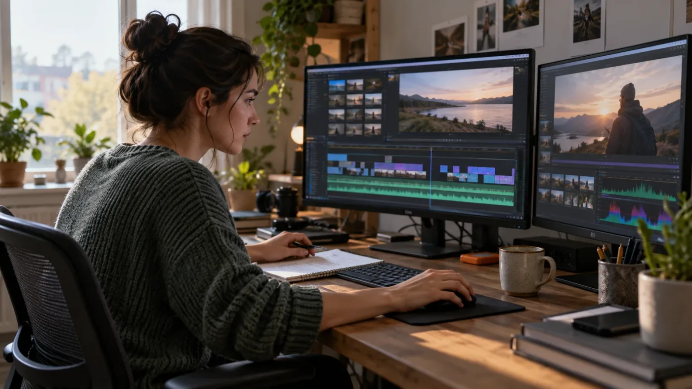 Illustration of an editor comparing a lesson with a DaVinci Resolve timeline