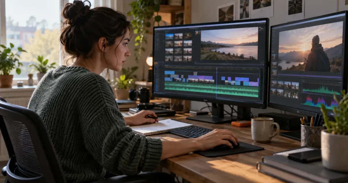 Illustration of an editor learning DaVinci Resolve with feedback on a timeline