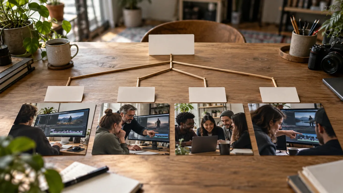 Illustration of a learner choosing between a DaVinci Resolve course, mentor, community and on-screen help