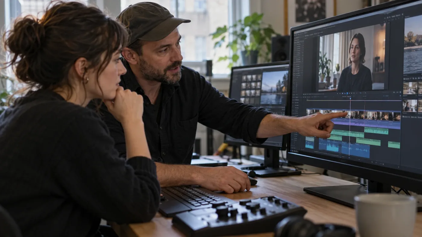 Illustration of an instructor giving feedback on an interview edit