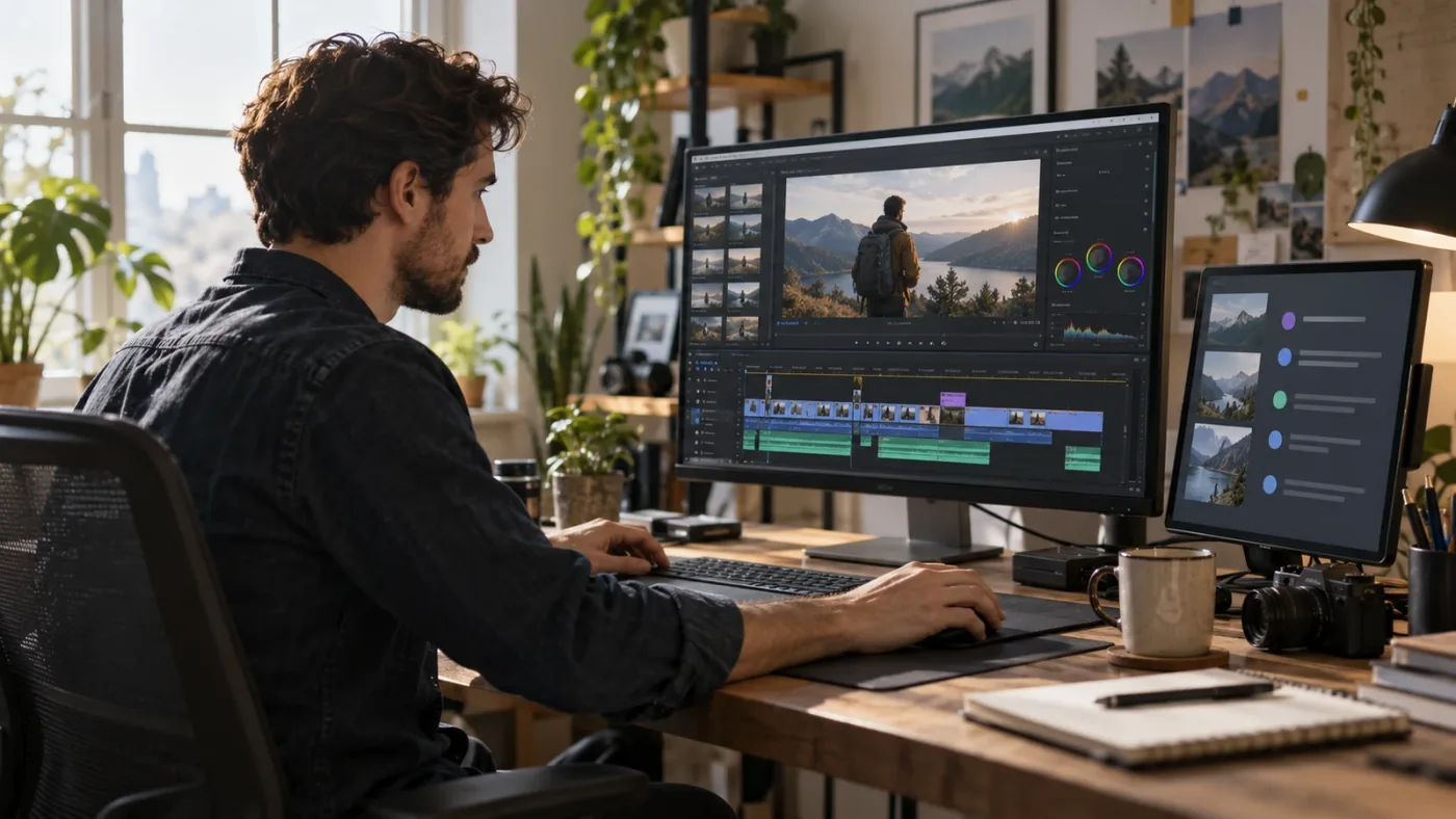 Illustration of an editor using on-screen guidance while working in DaVinci Resolve