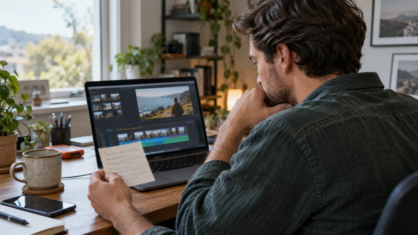 Illustration of a learner reviewing a short practice edit against a brief