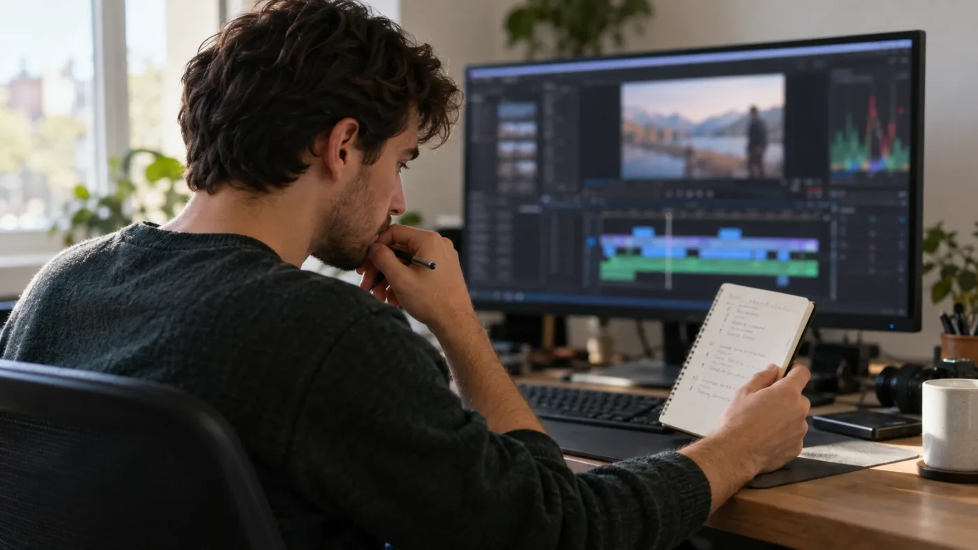 Illustration of a learner checking DaVinci Resolve version and selected clip before asking a question