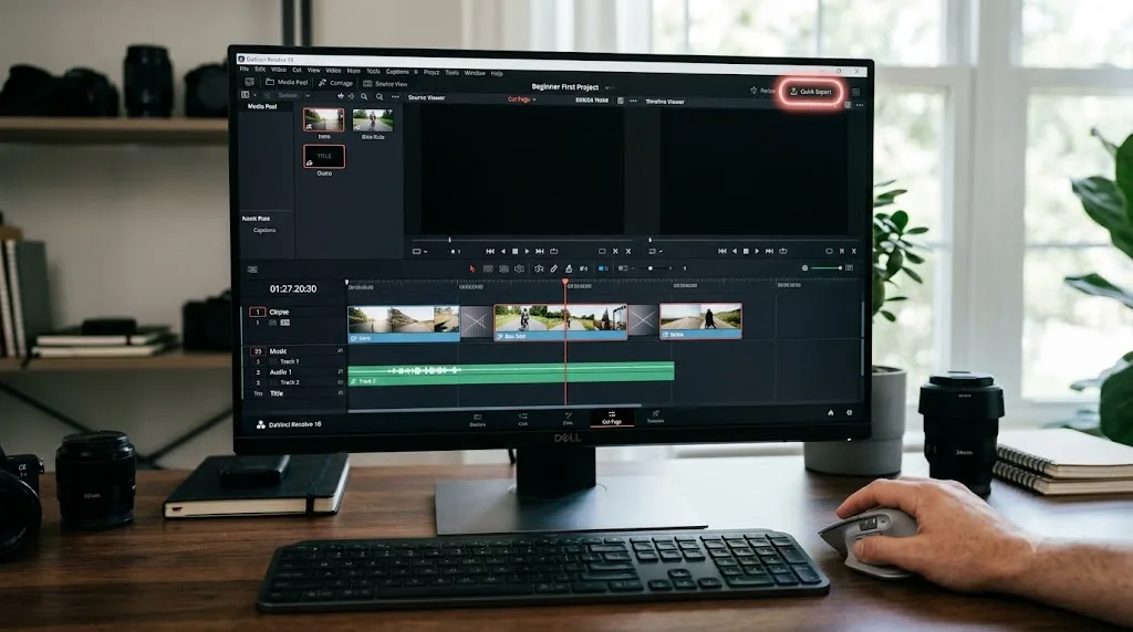 Illustration of a beginner's first project on the DaVinci Resolve Cut page with the Quick Export button highlighted