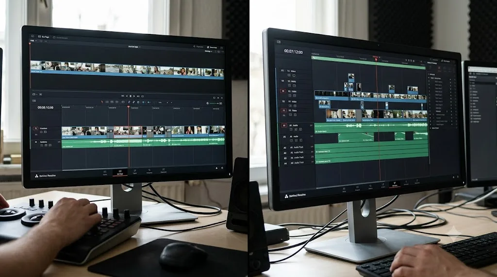 Illustration comparing the Cut page dual timeline against the Edit page multi-track timeline in DaVinci Resolve