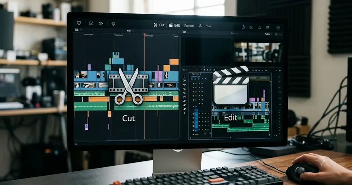 Illustration of the DaVinci Resolve Cut page and Edit page shown side by side