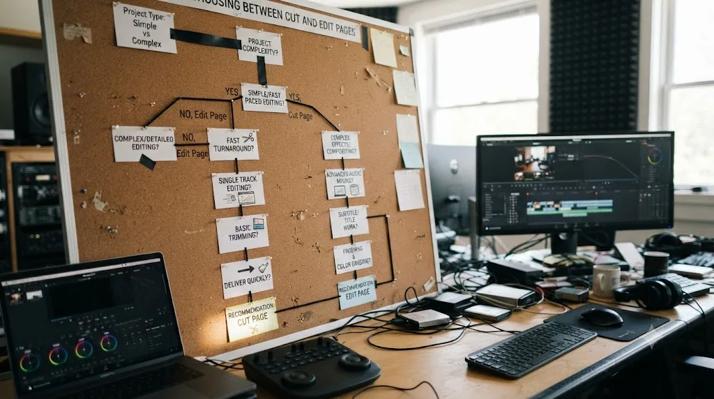 Illustration of a decision flowchart for choosing between the DaVinci Resolve Cut page and Edit page