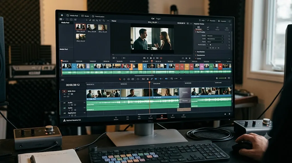 Illustration of the Cut page's dual timeline showing a full program overview above a zoomed working section