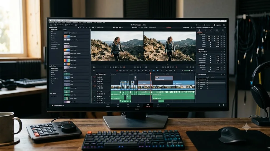 Illustration of the DaVinci Resolve Edit page with tracks, the Effects Library, and the Inspector panel