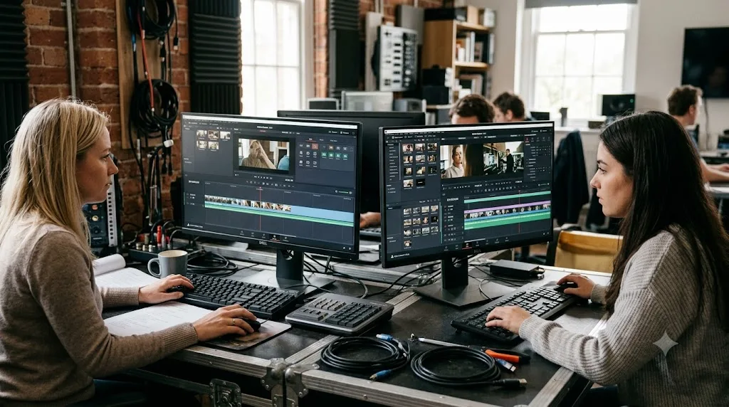 Illustration of two editors working side by side, one on the DaVinci Resolve Cut page and one on the Edit page