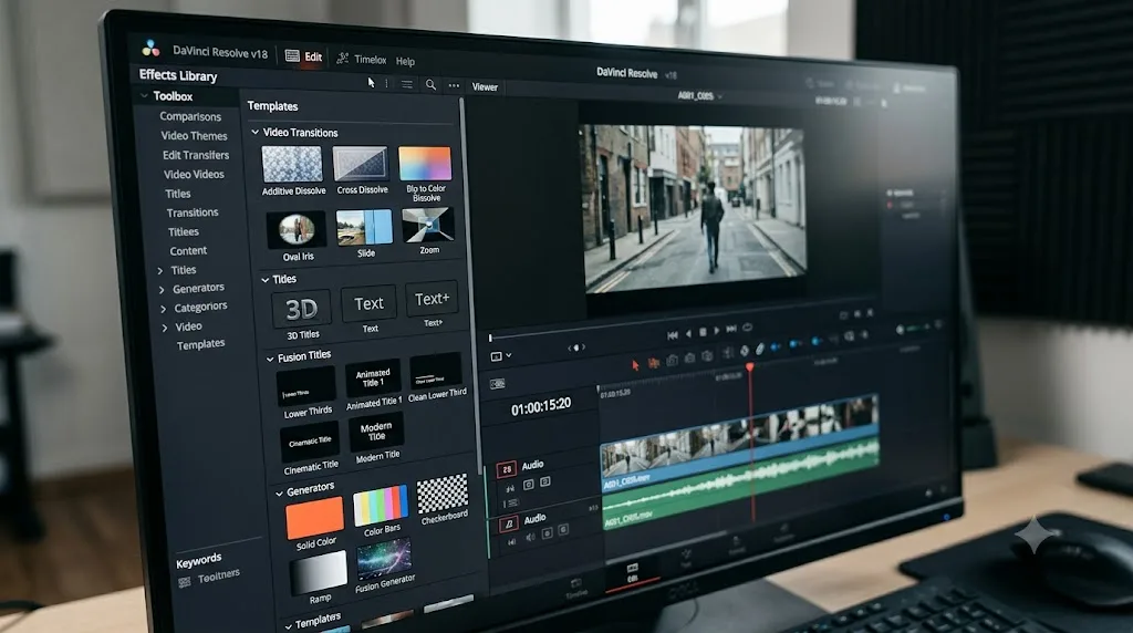 Illustration of the Effects Library on the DaVinci Resolve Edit page showing transitions and title templates