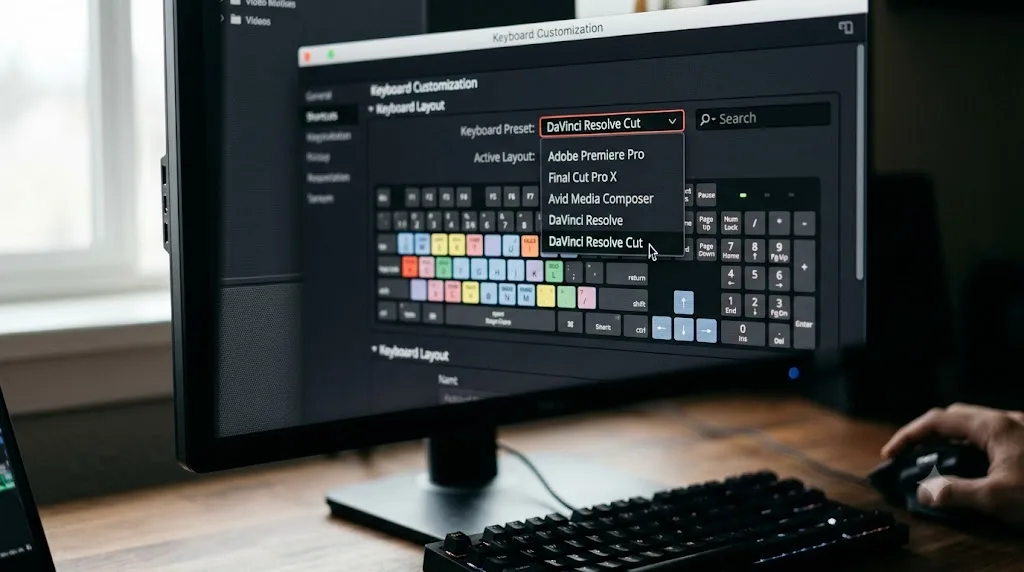 Illustration of switching between the DaVinci Resolve and DaVinci Resolve Cut keyboard presets
