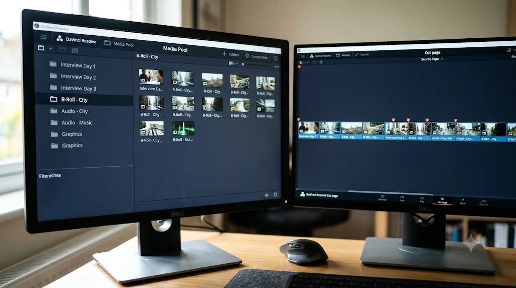 Illustration comparing the DaVinci Resolve Media Pool bin structure against the Cut page's source tape