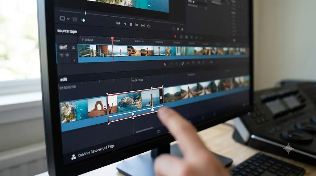 Illustration of the Smart Indicator suggesting an edit point on the DaVinci Resolve Cut page