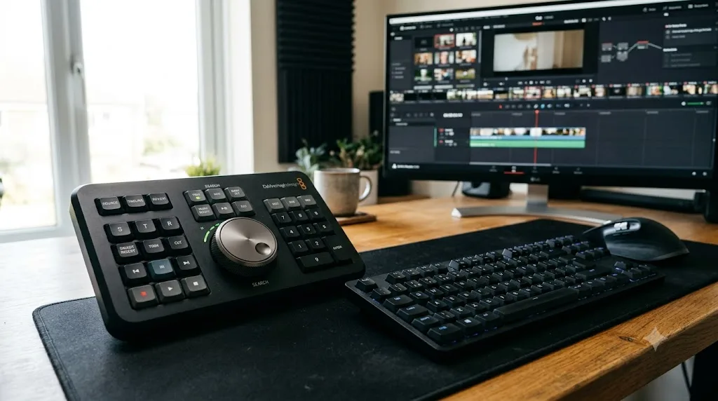 Illustration of a DaVinci Resolve Speed Editor panel with a search dial next to a standard keyboard on an editing desk