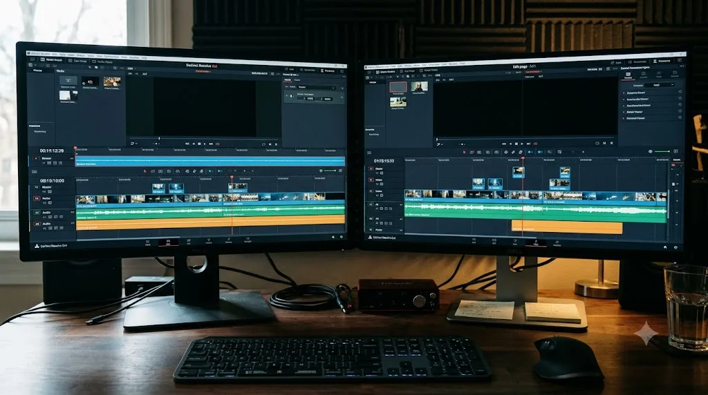 Illustration of the same DaVinci Resolve timeline shown in both the Cut page and Edit page layouts