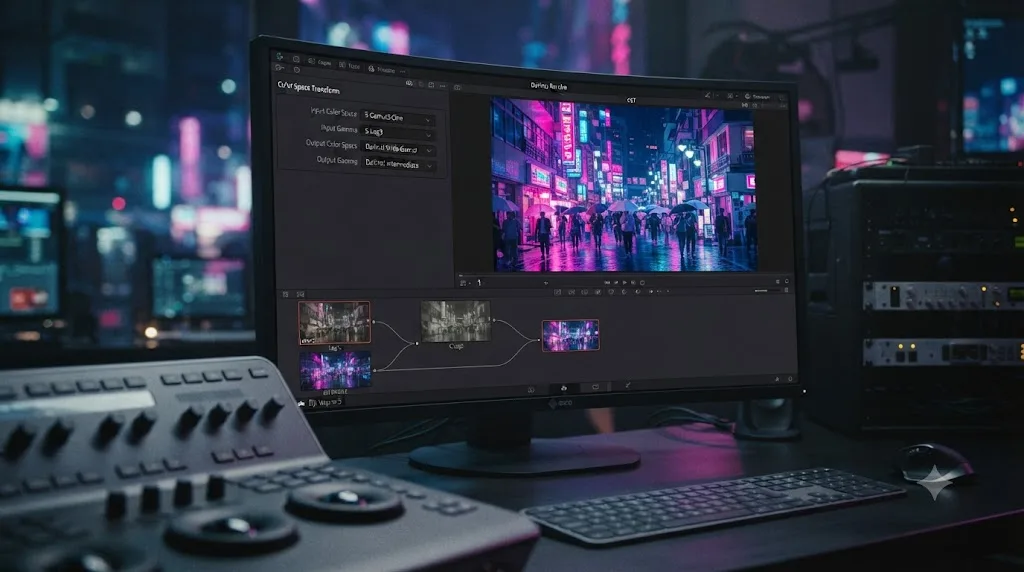 Illustration of a DaVinci Resolve Color Space Transform node normalizing footage from different camera log profiles before a cyberpunk grade