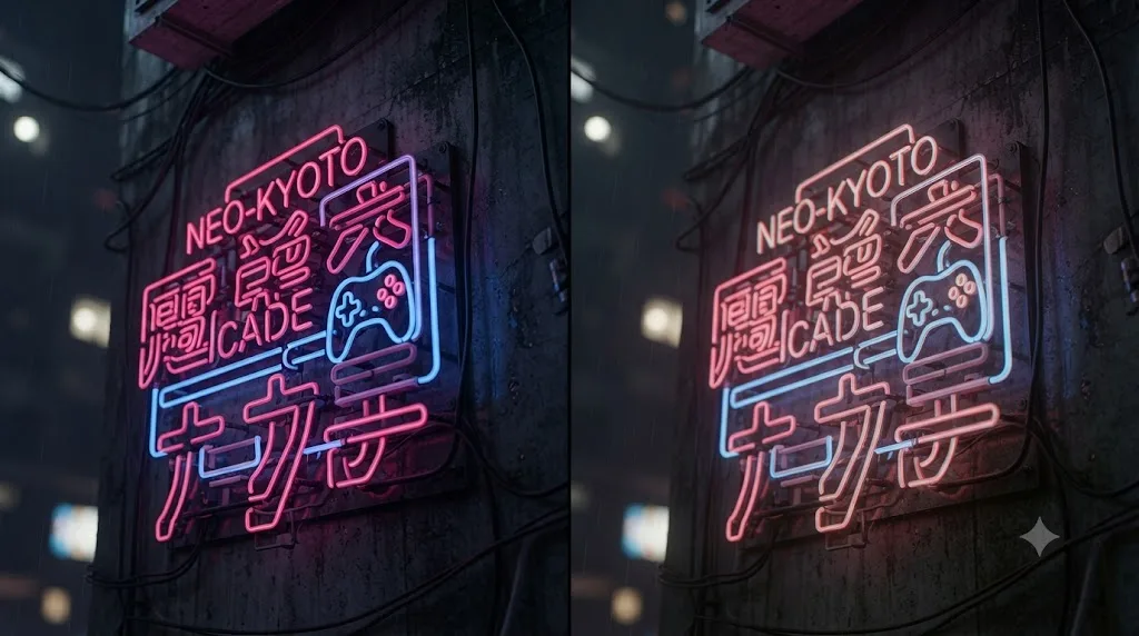 Illustration comparing a neon sign with and without a subtle chromatic aberration effect applied at its edges