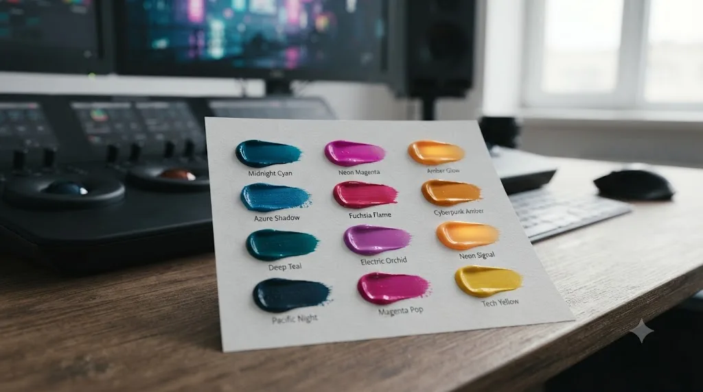 Illustration of a color palette chart showing cyan shadows, magenta highlights, and an amber accent for a cyberpunk color grade