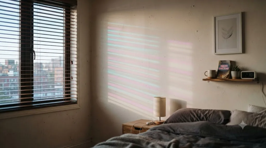 Illustration of a daytime interior scene with neon light through blinds graded with a subtle cyberpunk color split