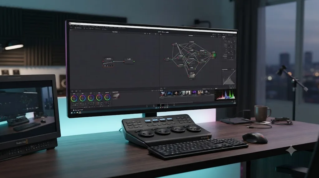 Illustration comparing a fast two-node DaVinci Resolve grading chain against the full nine-node cyberpunk workflow