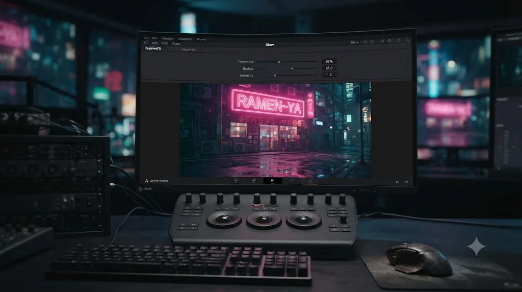 Illustration of the DaVinci Resolve Glow effect panel with Threshold, Radius, and Intensity controls above a glowing neon sign
